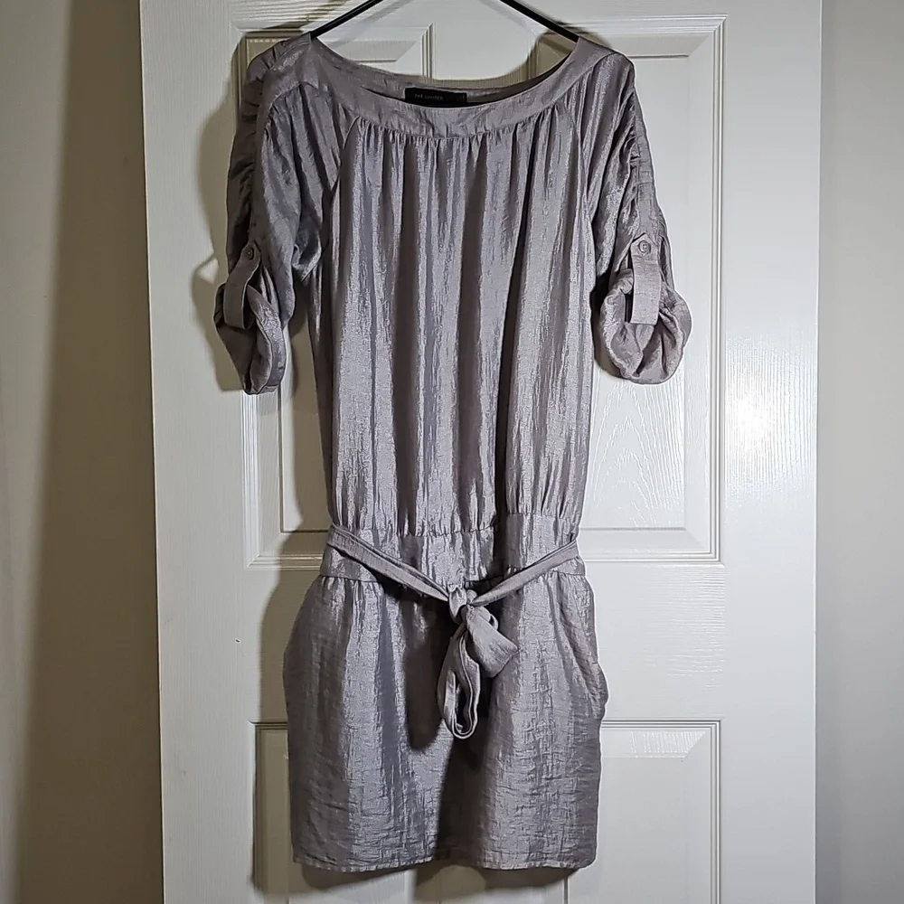 The Limited Linen Blend Lined Drop Waist 3/4 Roll Sleeve Midi Belted Dress SizeM